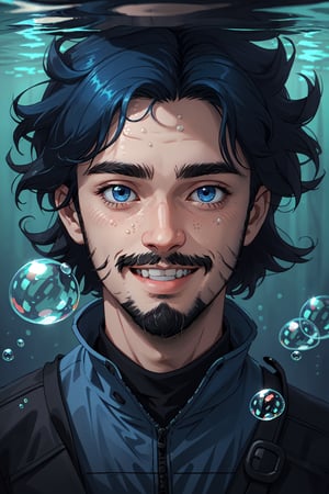 Xander Ellis, solo, looking at viewer, smile, blue eyes, black hair, 1boy, blue hair, male focus, facial hair, portrait, beard, bubble, underwater, realistic, air bubble, 