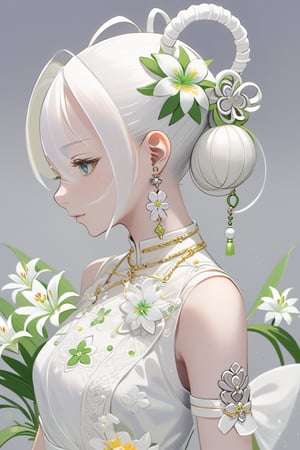 art nouveau,1girl, solo, flower, double bun, lily \(flower\), jewelry, hair bun, long hair, twintails, staff, crescent, white hair, beads, holding, dress, facial mark, gem, white dress, upper body, earrings, bead bracelet, bracelet, crescent facial mark, colored skin, holding staff, white flower