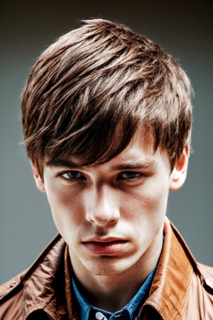 1boy, male focus, masculine, solo, looking at viewer, short hair, blue eyes, brown hair, shirt, closed mouth, jacket, male focus, black shirt, facial hair, portrait, realistic, light stubble,