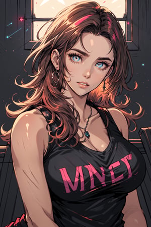 Transgender Female, Kitch, solo, voluptuous, long hair, large breasts, shirt, jewelry, upper body, earrings, parted lips, indoors, window, night, tank top, clothes writing, neon lights, specular highlights, detailed face, detailed eyes, upper body, portrait