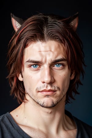 Khit'li L'ocar, beard, black hair, blue background, blue eyes, red eyes,  heterochromia, cat boy, closed mouth, facial hair, looking at viewer, multicolored hair, portrait, red hair, short hair, two-tone hair, realistic, specular highlights,  realistic