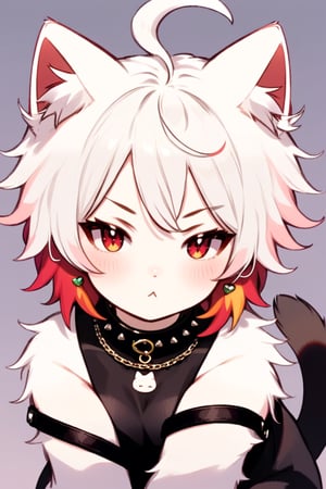 Niji Kei, neko, looking at viewer, blush, short hair, bangs, brown hair, black hair, red eyes, animal ears, jewelry, closed mouth, tail, upper body, white hair, red hair, multicolored hair, earrings, belt, cat ears, necklace, collar, two-tone hair, streaked hair, cat tail, chain, frown, arms behind back, cat girl, :<, spikes, 1boy 