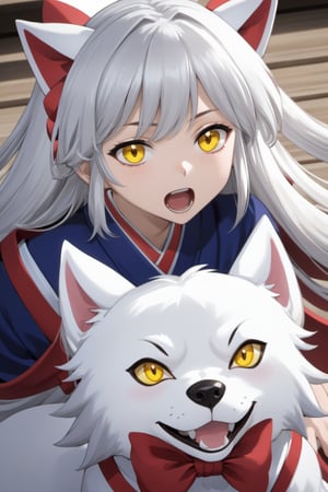 Yashahime Style 1girl, solo, long hair, looking at viewer, open mouth, 1boy, bow, animal ears, yellow eyes, white hair, hair bow, male focus, japanese clothes,fangs, slit pupils, dog ears