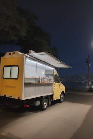 eatery looking food truck stopped by a pole in an empty lot at night