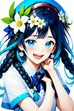 solo, braid, 1girl, smile, looking at viewer, flower, hat, open mouth, blue eyes, twin braids, blue bow, blush, bangs, bow, jewelry, long hair, white background, hair ornament, hair between eyes, simple background, hair flower, upper body, bowtie, hand up, earrings,blue hair, blue bowtie, crossed bangs, short sleeves, shirt, teeth, collared shirt, white flower, upper teeth only