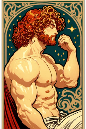 Art Nouveau Style, solo, 1boy, sitting, nipples, closed eyes, male focus, red hair, from side, profile, muscular, curly hair, robe, art nouveau