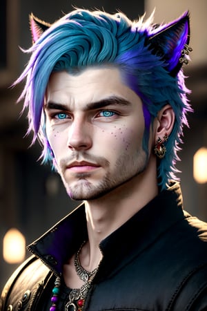 Khit'li L'ocar, beard, blue eyes, blue hair, purple hair, stubble, cat boy, closed mouth, earrings, facial hair, jewelry, looking at viewer, multicolored hair, portrait, red eyes, realistic