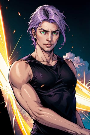 solo, 1boy, male focus, light purple hair,  green eyes, stubble, goatee, dark skinned male, dark skin, lips, shirt, tank top, hyur, specular highlights, gradient, dynamic pose,