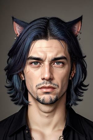 Khit'li L'ocar, beard, blue eyes, blue hair, purple hair, stubble, cat boy, closed mouth, earrings, facial hair, jewelry, looking at viewer, multicolored hair, portrait, red eyes, realistic