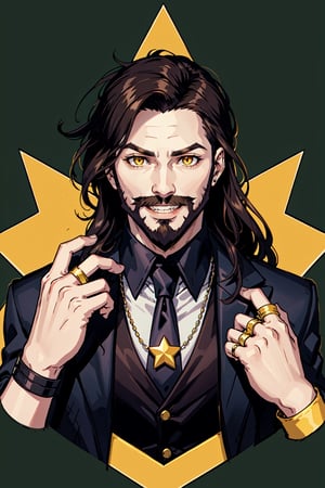 Duskfallcrew Art Style, solo, long hair, looking at viewer, smile, simple background, shirt, black hair, 1boy, brown eyes, jewelry, jacket, yellow eyes, upper body, male focus, necktie, teeth, hand up, necklace, star (symbol), vest, black jacket, facial hair, ring, wristband, beard, green background, cropped torso, mustache