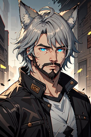 Andrew Bryant, 1boy, male focus, solo, two tone hair, grey hair, dusty brown hair, blue eyes, facial hair, beard, fox ears, silver fox vibes, gruff, dry looking skin, anthro, animal ears, animal ear fluff, furry, leather jacket with patches, detailed face, detailed eyes, detailed hair, tonemapping, ultra sharp, extremely detailed, side lighting, rim lighting, specular highlights,