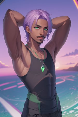 Aeron X'voor, solo, 1boy, male focus, green eyes, light purple hair, stubble, goatee, dark skinned male, dark skin, lips, shirt, tank top, hyur, specular highlights, gradient, dynamic pose,