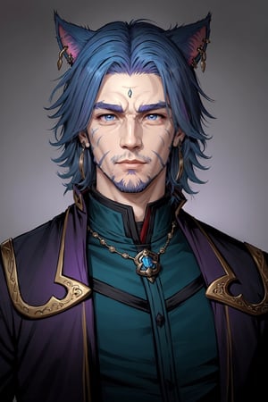 Khit'li L'ocar, beard, blue eyes, blue hair, purple hair, stubble, cat boy, closed mouth, earrings, facial hair, jewelry, looking at viewer, multicolored hair, portrait, red eyes 