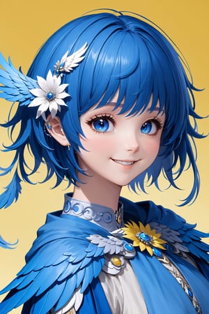 Meteion 1girl, solo, looking at viewer, smile, short hair, bangs, blue eyes, simple background, hair ornament, long sleeves, jewelry, blue hair, upper body, flower, wings, hand up, hair flower, petals, capelet, hand on own chest, head wings, brooch, portrait, yellow background, feathered wings, colored eyelashes, bird wings, falling petals, blue capelet