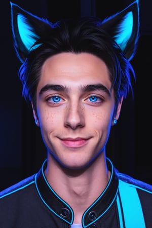 Maverick Ellis Rowe, 1boy, male focus, solo, looking at viewer, smile, blue eyes, black hair, animal ears, one eye closed, cat ears, lips, night, freckles, realistic, neon lights, 