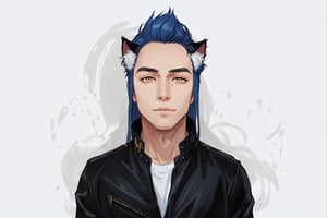 1boy, male focus, long blue hair, cat ears, animal ears, animal ear fluff, gold eyes, leather jacket, tshirt, portrait, upper body