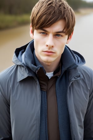 1boy, male focus, masculine, solo, looking at viewer, short hair, blue eyes, brown hair, shirt, closed mouth, jacket, male focus, black shirt, facial hair, portrait, realistic, light stubble,