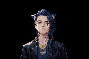 1boy, male focus, long hair, fluffy hair,   navy blue hair, cat ears, animal ears, animal ear fluff, gold eyes, leather jacket, tshirt, portrait, upper body, tattoos, anarchist vibes, clean shaven