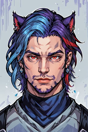 Khit'li L'ocar, beard, blue eyes, blue hair, purple hair, stubble, cat boy, closed mouth, earrings, facial hair, jewelry, looking at viewer, multicolored hair, portrait, red eyes 