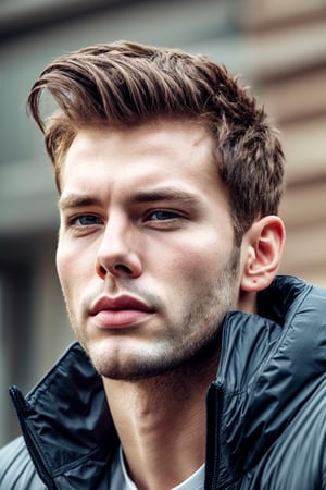 1boy, male focus, masculine, solo, looking at viewer, short hair, blue eyes, brown hair, shirt, closed mouth, jacket, male focus, black shirt, facial hair, portrait, realistic, facial hair, beard, light stubble,