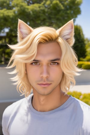 Phoenix Montoya, blonde hair, male focus, brown eyes, cat ears, animal ears, day, lips, looking at viewer, first person view, outdoors, sky, solo