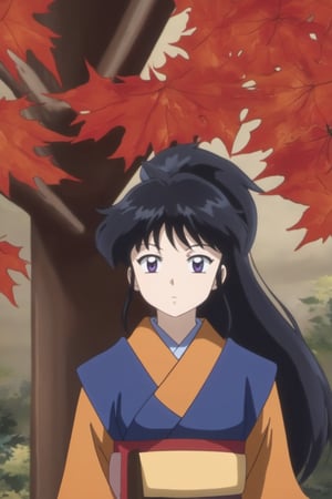 Yashahime Style 1girl, solo, long hair, looking at viewer, bangs, black hair, closed mouth, purple eyes, ponytail, outdoors, japanese clothes, kimono,  tree, frown, leaf, blue kimono, autumn leaves, maple leaf, autumn, anime coloring