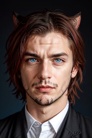 Khit'li L'ocar, beard, black hair, blue background, blue eyes, red eyes,  heterochromia, cat boy, closed mouth, facial hair, looking at viewer, multicolored hair, portrait, red hair, short hair, two-tone hair, realistic, specular highlights,  realistic