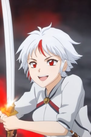 Yashahime Style 1girl, solo, smile, short hair, open mouth, red eyes, weapon, white hair, red hair, multicolored hair, sword, two-tone hair, streaked hair,