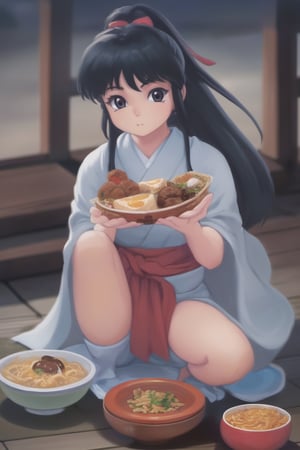 Yashahime Style 1girl, long hair, bow, monochrome, ponytail, food, japanese clothes, barefoot, cape, traditional media, eating, indian style, noodles, ramen