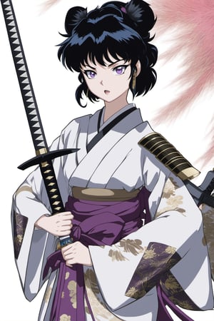 Yashahime Style 1girl, solo, looking at viewer, short hair, bangs, simple background, black hair, white background, closed mouth, purple eyes, upper body, weapon, japanese clothes, sword, kimono, armor, sash, 