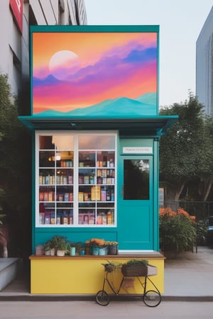 colorful mobile store in front of building with colorful sunset painting on wall