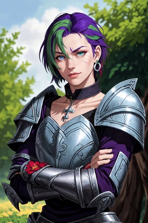 Khit'li L'ocar,  blue eyes, red eyes,  heterochromia,armor, collar, crossed arms, earrings, flower, green hair,  purple hair, jewelry, looking at viewer, multicolored hair, outdoors, pauldrons, scar, short hair, shoulder armor, two-tone hair, upper body, realistic, specular highlights,  