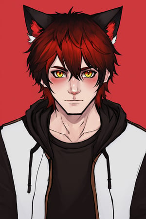 Duskfallcrew Art Style, solo, looking at viewer, simple background, shirt, black hair, red eyes, 1boy, white background, animal ears, jacket, yellow eyes, male focus, red hair, cat ears, mole, black shirt, heterochromia,