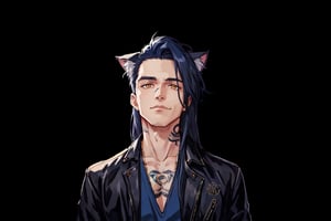 1boy, male focus, long hair, fluffy hair,   navy blue hair, cat ears, animal ears, animal ear fluff, gold eyes, leather jacket, tshirt, portrait, upper body, tattoos, anarchist vibes, clean shaven