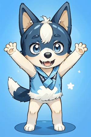 Bluey Style, Bluey Irwin Chibi, blue heeler, two-tone fur,   blue fur, white fur, solo, looking at viewer, smile, open mouth, simple background, 1girl, animal ears, standing, tail, full body, male focus, black eyes, arms up, blue background, happy, outstretched arms, furry, furry girl, body fur, animal nose, 