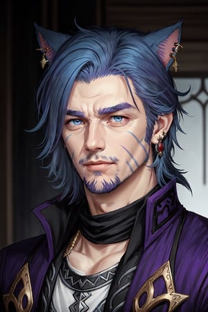 Khit'li L'ocar, beard, blue eyes, blue hair, purple hair, stubble, cat boy, closed mouth, earrings, facial hair, jewelry, looking at viewer, multicolored hair, portrait, red eyes, realistic