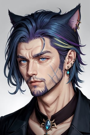 Khit'li L'ocar, beard, blue eyes, blue hair, purple hair, stubble, cat boy, closed mouth, earrings, facial hair, jewelry, looking at viewer, multicolored hair, portrait, red eyes, realistic