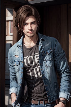 Michael Renne X'voor, solo, brown hair, shirt, 1boy, jacket, upper body, male focus, facial hair, denim, stubble