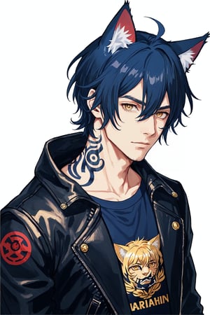 1boy, male focus, long  navy blue hair, cat ears, animal ears, animal ear fluff, gold eyes, leather jacket, tshirt, portrait, upper body, tattoos, anarchist vibes