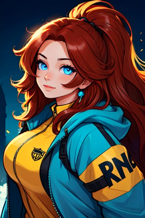  blue eyes, solo, voluptuous, auburn hair, long hair, yellow jacket,outdoors, pride theme, rainbows, parade, black dress, specular highlights, side lighting, detailed face, detailed eyes, wide shot, dynamic lighting, dynamic angle