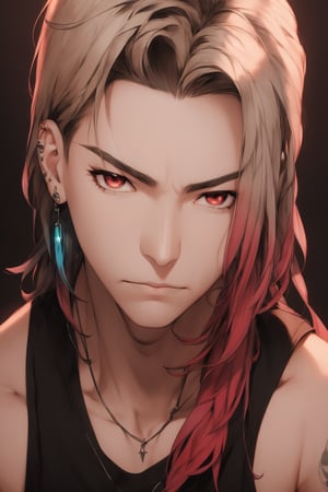 1boy, solo, male focus, jewelry, solo focus, looking at viewer, tattoo, red eyes,  mole, piercing, long hair, earrings, mole under mouth, necklace, multicolored hair, closed mouth, ear piercing, red hair, undercut, upper body, sleeveless, shirt, black background, asymmetrical hair, collarbone, tank top, black shirt, neck tattoo, portrait