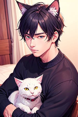 animal ears, solo, 1boy, male focus, cat ears, black hair, sweater, argyle, 