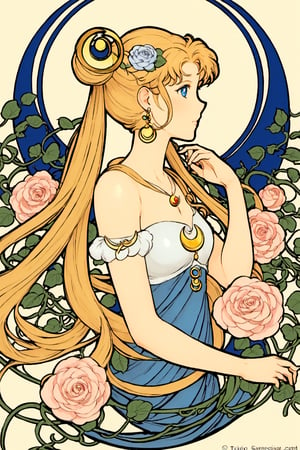 1girl, solo, long hair, blue eyes, blonde hair, hair ornament, bare shoulders, twintails, jewelry, flower, earrings, hair flower, hair bun, profile, rose, leaf, moon, plant, crescent, anchor, vines, crescent moon, mars symbol, venus symbol, art nouveau, tsukino usagi