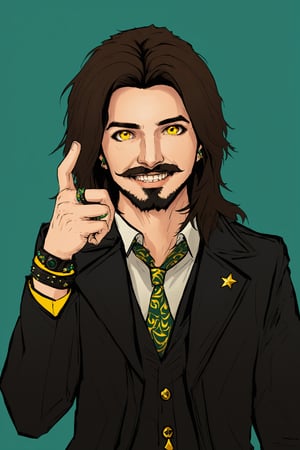 Duskfallcrew Art Style, solo, long hair, looking at viewer, smile, simple background, shirt, black hair, 1boy, brown eyes, jewelry, jacket, yellow eyes, upper body, male focus, necktie, teeth, hand up, necklace, star (symbol), vest, black jacket, facial hair, ring, wristband, beard, green background, cropped torso, mustache,