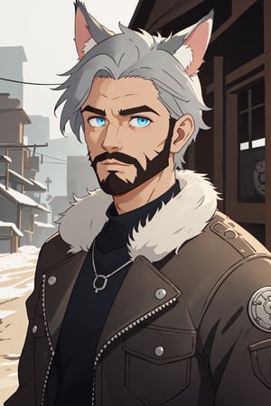 Andrew Bryant, 1boy, male focus, solo, two tone hair, grey hair, dusty brown hair, blue eyes, facial hair, beard, fox ears, silver fox vibes, gruff, dry looking skin, anthro, animal ears, animal ear fluff, furry, leather jacket with patches, detailed face, detailed eyes, detailed hair, tonemapping, ultra sharp, extremely detailed, side lighting, rim lighting, specular highlights,