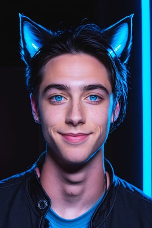 Maverick Ellis Rowe, 1boy, male focus, solo, looking at viewer, smile, blue eyes, black hair, animal ears, one eye closed, cat ears, lips, night, freckles, realistic, neon lights, 