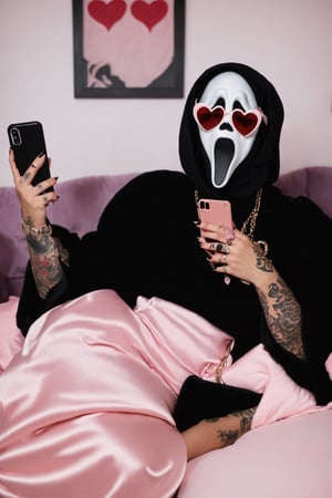 Ghostface Baller, solo, black hair, 1boy, holding, jewelry, sitting, male focus, heart, pillow, tattoo, mask, phone, sunglasses, ring, couch, holding phone, arm tattoo, heart-shaped eyewear 