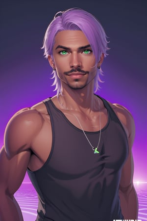 Aeron X'voor, solo, 1boy, male focus, green eyes, light purple hair, stubble, goatee, dark skinned male, dark skin, lips, shirt, tank top, hyur, specular highlights, gradient, dynamic pose,