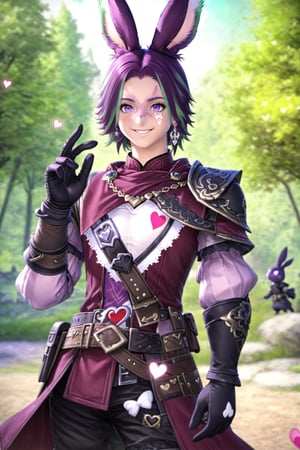 Khitli Viera, solo, looking at viewer, smile, short hair, violet hair, gloves, 1boy, animal ears, heterochromia, green eyes, jewelry, purple eyes, weapon, male focus, heart, earrings, outdoors, green hair, black gloves, belt, hand up, rabbit ears, blurry background, facial mark, floating hearts, viera, 