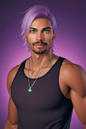 Aeron X'voor, solo, 1boy, male focus, green eyes, light purple hair, stubble, goatee, dark skinned male, dark skin, lips, shirt, tank top, hyur, specular highlights, gradient, dynamic pose,